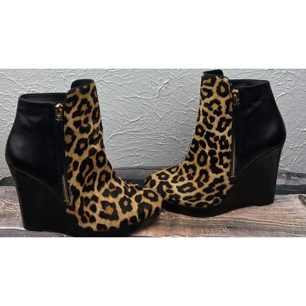 Michael Kors Womens 8M Leopard Calf Hair Platform Ankle Boots Side Zip Booties